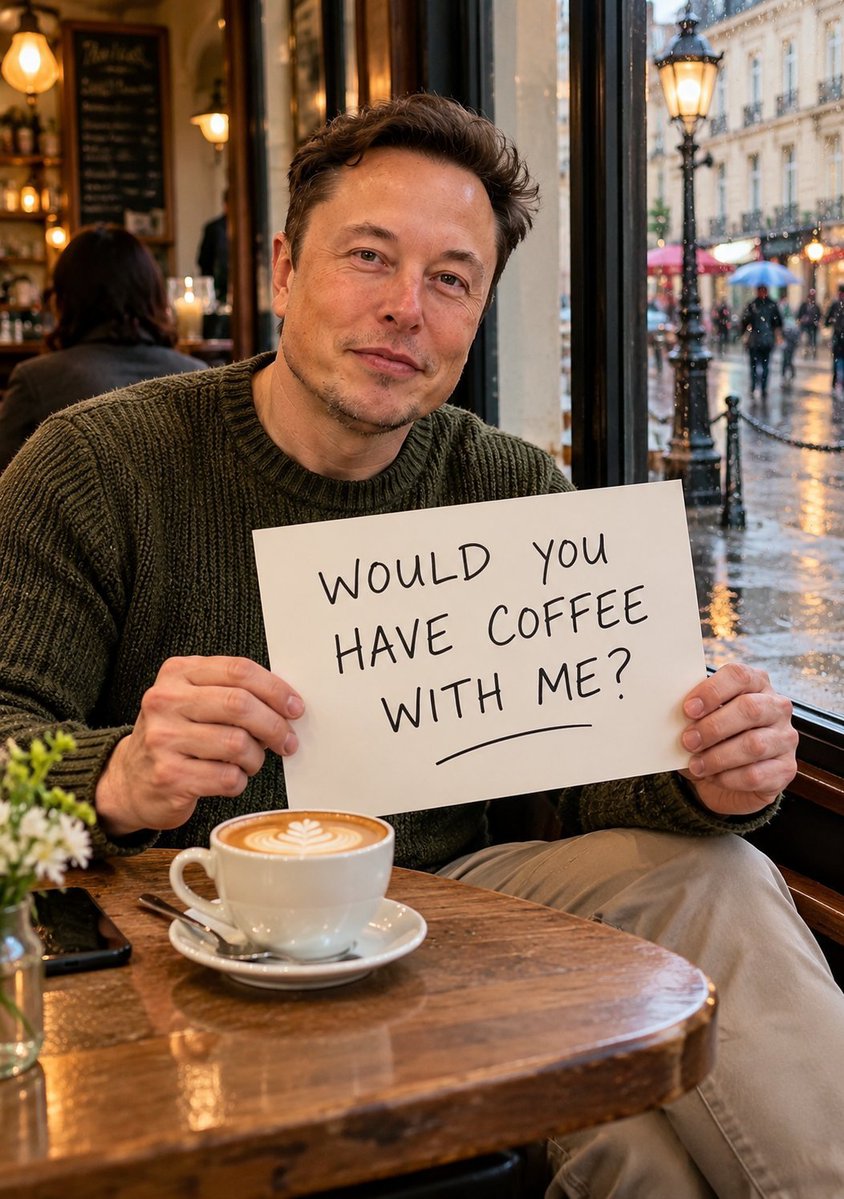 Elonvision4p's tweet photo. Coffee date with a billionaire? 😍

Would you say YES? 🤔

A. Absolutely ❤️
B. Dream date 🥰
C. Just coffee ☕
D. No thanks 😂 https://t.co/uybHCB08S6