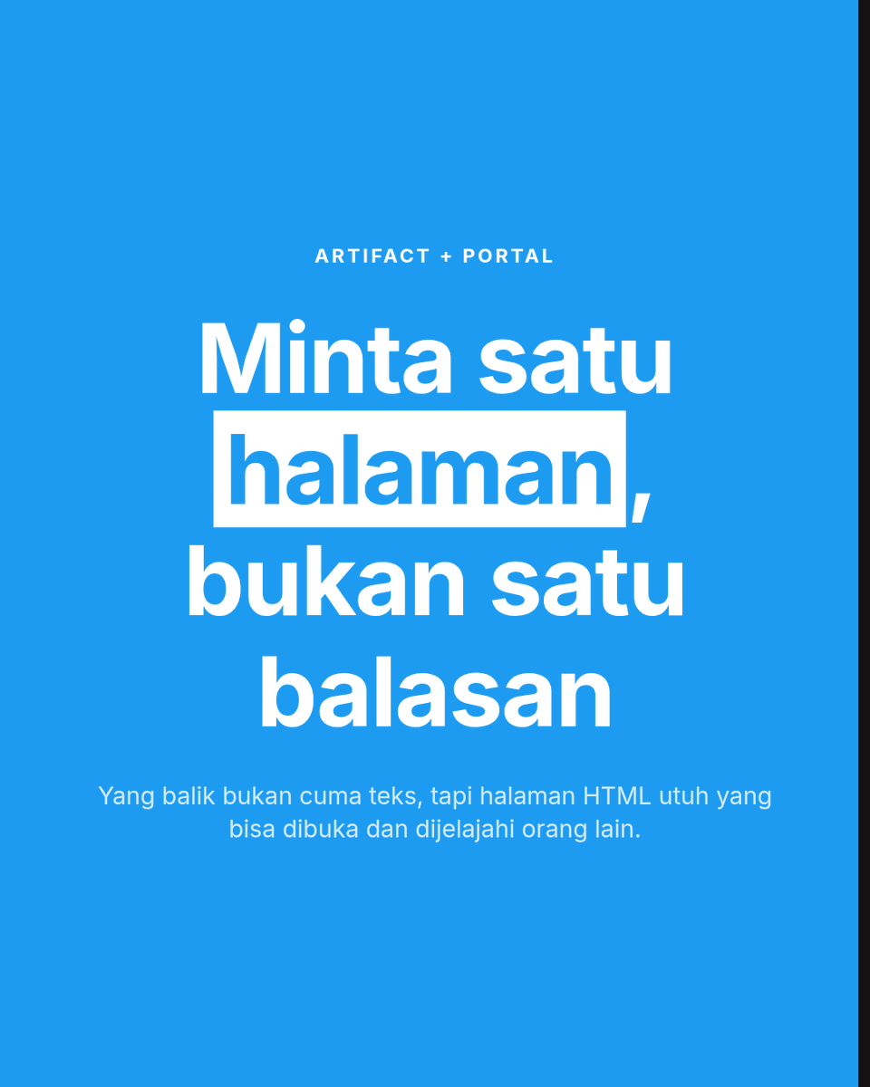 supernalacom's tweet photo. Artifact + Portal: bukan balasan chat, tapi halaman utuh. Minta botmu bikinin itinerary liburan, katalog produk, atau portfolio, lalu bagikan satu link Portal biar orang bisa buka dan telusuri sendiri. https://t.co/pvyqHtATJW https://t.co/caYRuNcvM4