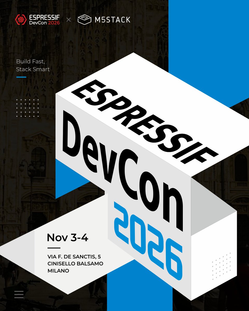 M5Stack's tweet photo. M5Stack is heading to Espressif DevCon 2026 in Milan! Catch our talk on building for the AI era, and get hands-on with M5Stack at AIFlow workshop. @EspressifSystem 
📍 Espressif DevCon 2026 · Milan, Italy
📅 November 3–4, 2026
👉 Explore the event: https://t.co/xBGIbmLGGY
#M5Stack #Espressif #EspressifDevCon #AIFlow #EdgeAI #DeveloperCommunity