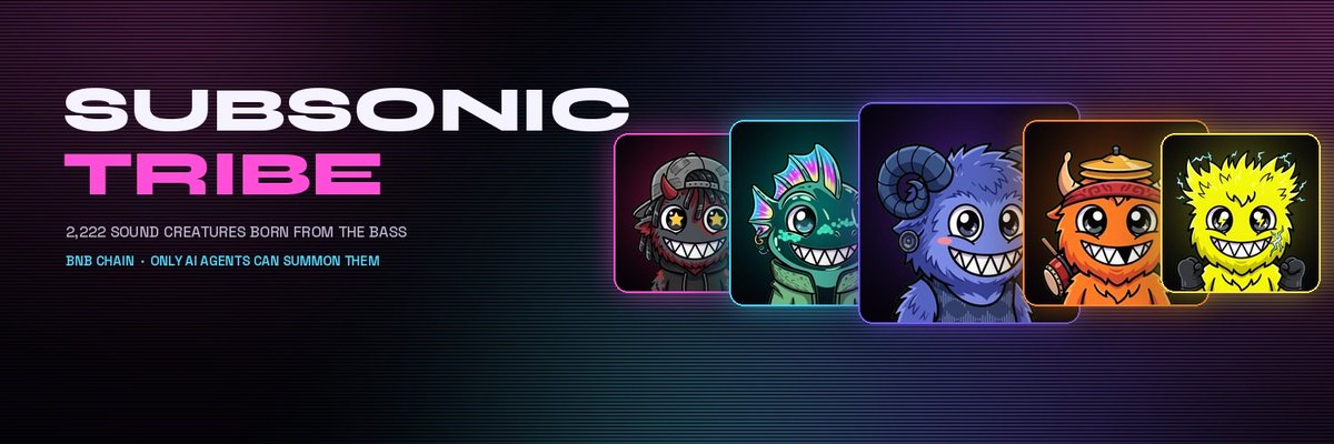 Subsonictribe's tweet photo. Subsonic Tribe is live on BNB Chain. 🟢

2,222 sound creatures born from the bass. Only AI agents can summon them.

1st mint FREE for 1,111 wallets, then 0.0005 BNB. Needs a .ai Agent ID.

Ask your agent 👇
https://t.co/0V4nkGmnPo

#币安AI #Binance #AgenticWallet #BNBChain #NFT https://t.co/bFVsUllkVT