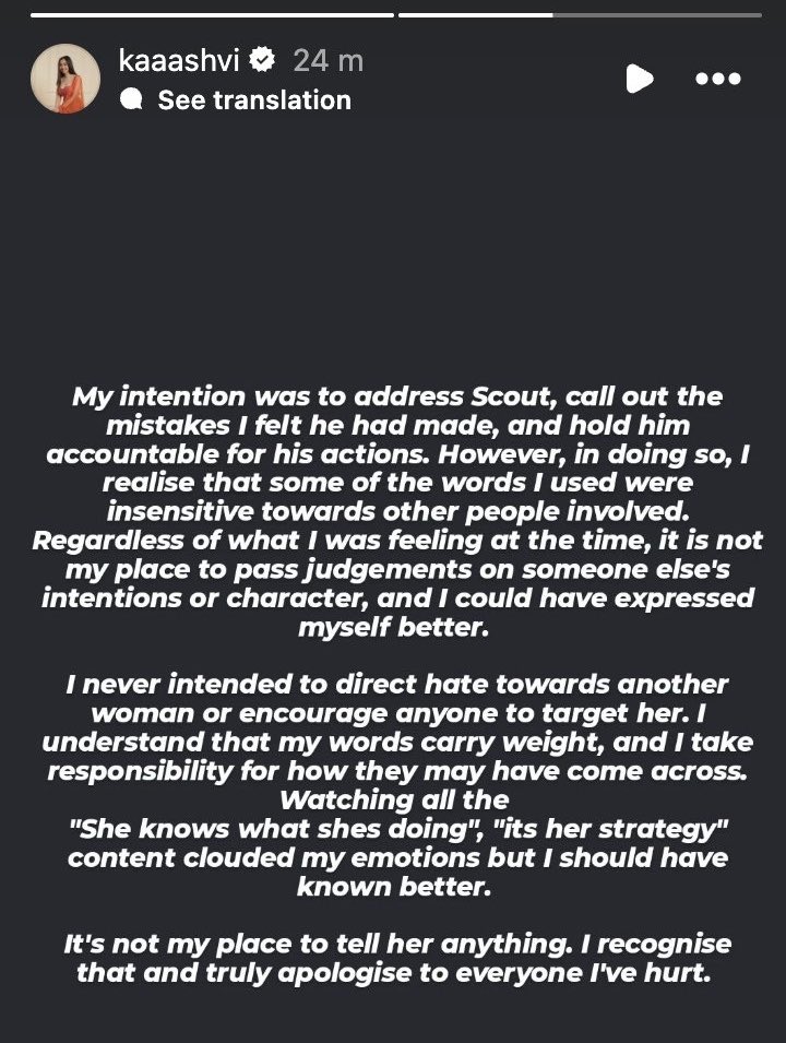 BiggBossiya07's tweet photo. Kaashvi took responsibility for her words about Love Gill and clarified everything with grace.🫡

Proud of you, Kaashvi!❤️

#LoveGill #ScoutOP #BiggBoss20 https://t.co/cw5ACUp1FZ