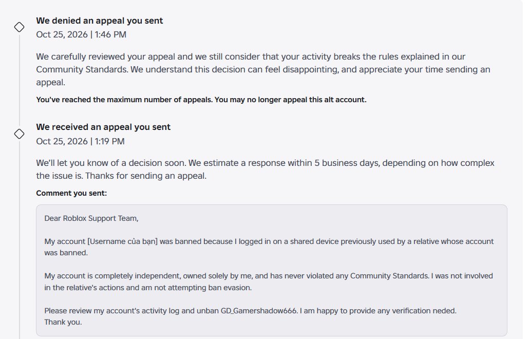Tidut1435's tweet photo. @Roblox You banned 3 million accounts worldwide. You give us a 30-day window to appeal, but after I sent 2 appeals, I only received 2 automated AI responses before being blocked from sending any more. Why? Is it because you just want to show investors that you're a 'clean' platform? https://t.co/6dKfgmGoqO