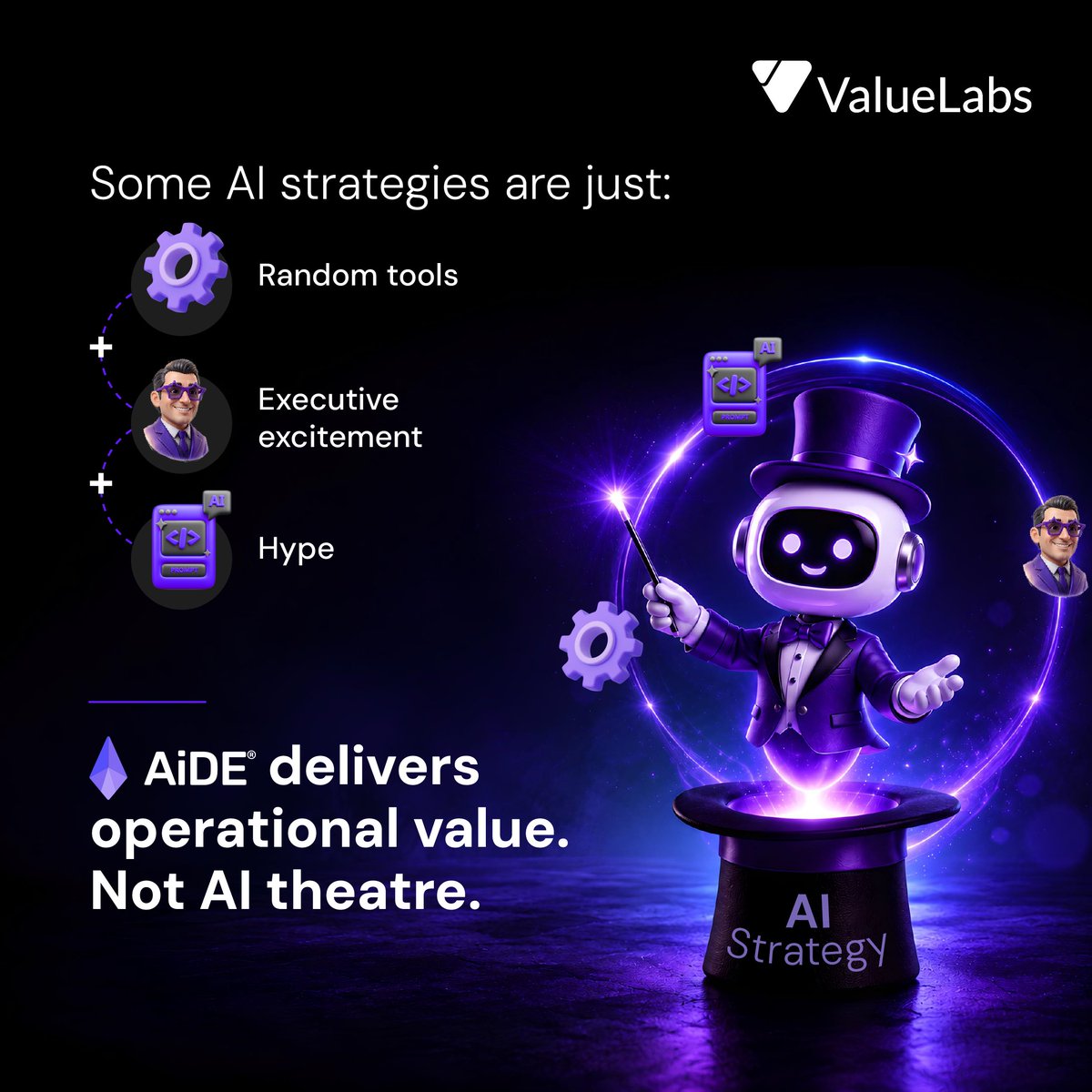 ValueLabs's tweet photo. A lot of enterprises rushed into AI adoption with:

•Too many models
•Unclear goals
•Zero operational alignment.

Now teams are stuck managing AI chaos instead of seeing business impact.

AiDE®, our Agentic AI platform, helps enterprises turn AI from ‘innovation optics’ into measurable operational outcomes.

AI hype fades and operational impact stays with AiDE®. Know more: https://t.co/wTDwWCI9kN

#AIStrategies #AgenticAI #AISolutions #AiDE #DoingTheRightThing #ValueLabs