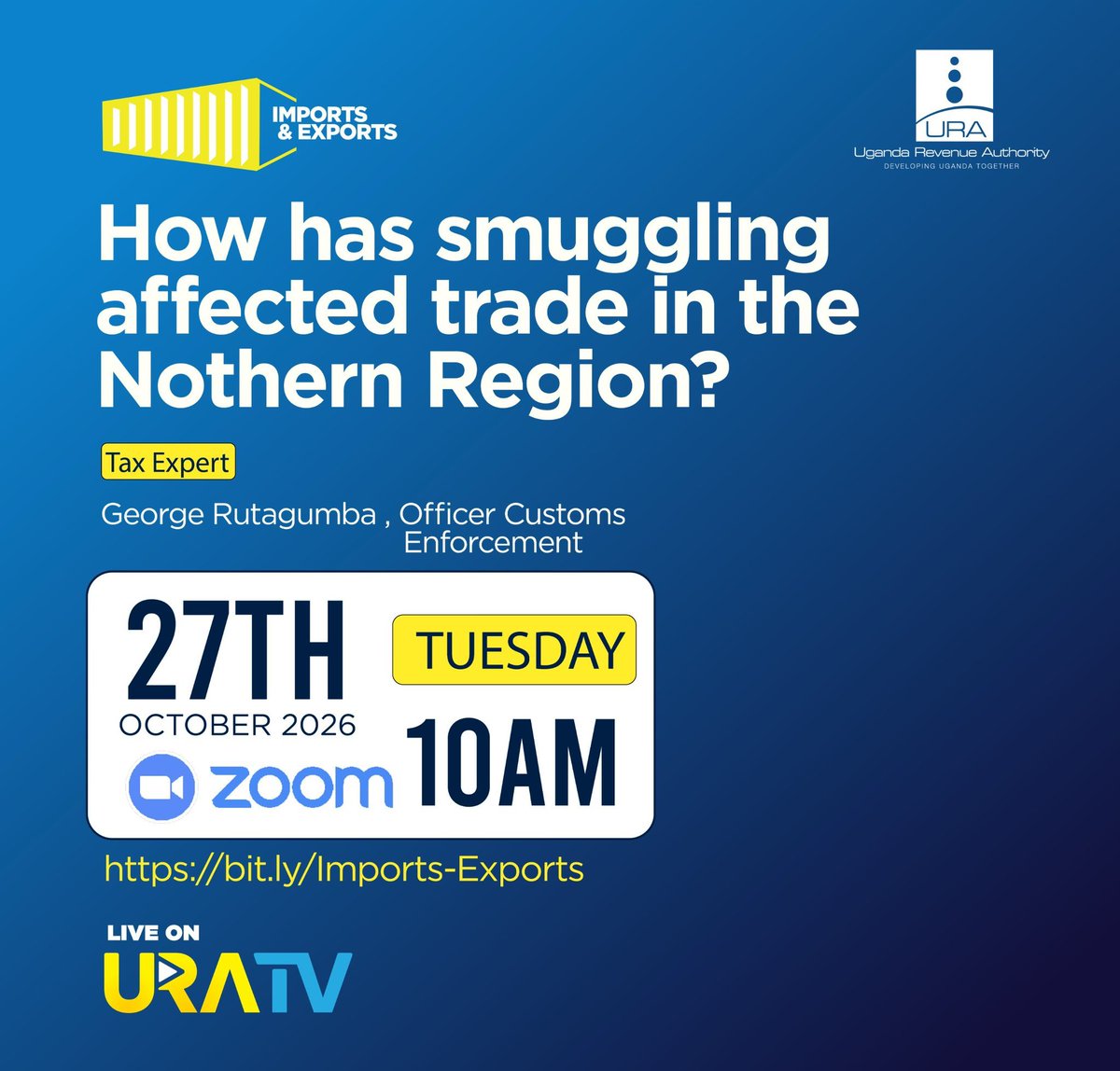 TheeeeGenius's tweet photo. Smuggling doesn't just cost revenue; it affects legitimate traders too.
Join us @URAuganda we unpack its impact on trade in the Northern Region.
β¨Guest: George Rutagumba, Officer Customs Enforcement
β¨ποΈ Tue, 27th Oct 2026 | β° 10AM
Zoom π https://t.co/DTu5iLgstI
#FFeBanno https://t.co/QP1PcdyqKY