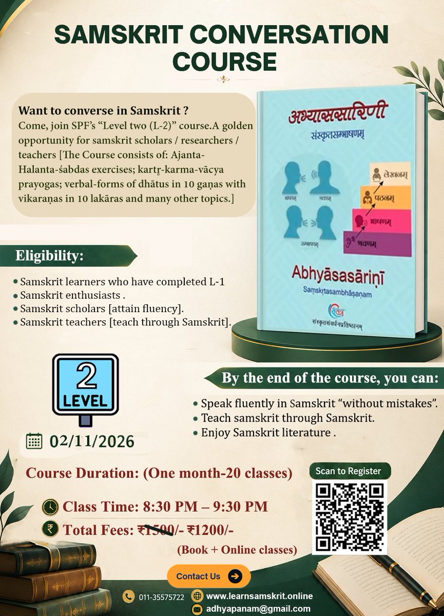 adhyapanam's tweet photo. Samskrit Conversation Skills
Enroll - https://t.co/43ELFtvfJ1

Course Overview:
Samskrit Conversation Skills course empowers learners to communicate effectively in Sanskrit, fostering a deeper connection with India's rich cultural heritage.

#conversationinsanskrit #sanskrit https://t.co/kCubFHRsfZ