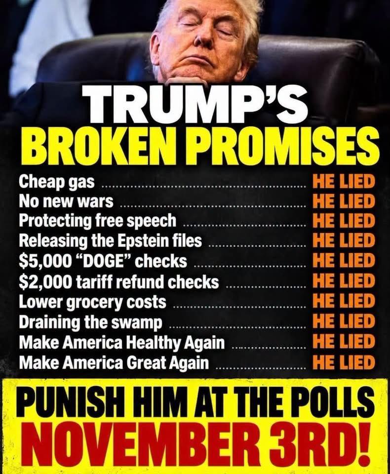 jasonllevin's tweet photo. Trump’s “record” is basically a scrapbook of broken promises. Cheap gas? Lied. No new wars? Lied. Free speech? Lied. Epstein files? Lied. Grocery costs? Lied. Swamp‑draining? Lied. MAGA? Lied. The man didn’t deliver a single thing he bragged about — just slogans, chaos, and excuses. At some point, the pattern stops being politics and starts being a warning sign.