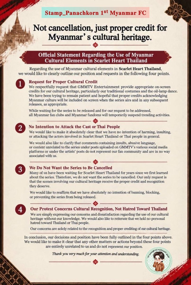 Stampmyanmar's tweet photo. 📌 Myanmar Fan Clubs are officially pausing the trend campaign. Our focus remains solely on our 4 Core Demands: proper credit for Myanmar’s cultural heritage. We do NOT support racial hatred or provocation.

@GMMTV @ScarletHeartTH @Giggoo_
#GMMTV #ScarletHeartTH https://t.co/u3gvoO8xrx