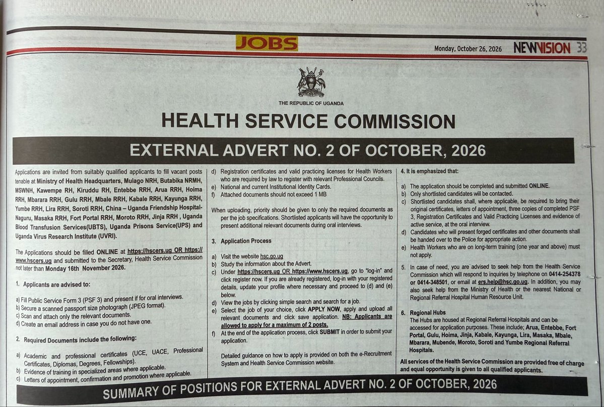 assempebwa's tweet photo. ✊🏽Big news for Uganda’s health sector! 

@HSC_UG has opened recruitment across referral hospitals and specialised health institutions. Over 2,000 jobs !!

A step towards strengthening the workforce & expanding access to quality care. Apply by 16 November 2026.

@MinofHealthUG via @newvisionwire