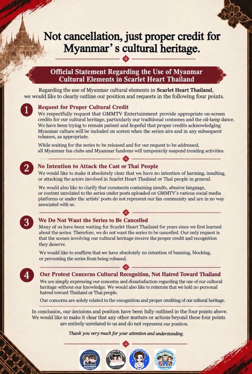 jnrsmakjt's tweet photo. 📌 We are officially pausing our trend campaign. Our focus remains strictly on our 4 Core Demands. 🚫 Anyone provoking racial conflict or hatred is NOT associated with our fan community and we do NOT support them.

@GMMTV @ScarletHeartTH @Giggoo_
#GMMTV #ScarletHeartTH https://t.co/EuZU9dZ3ob