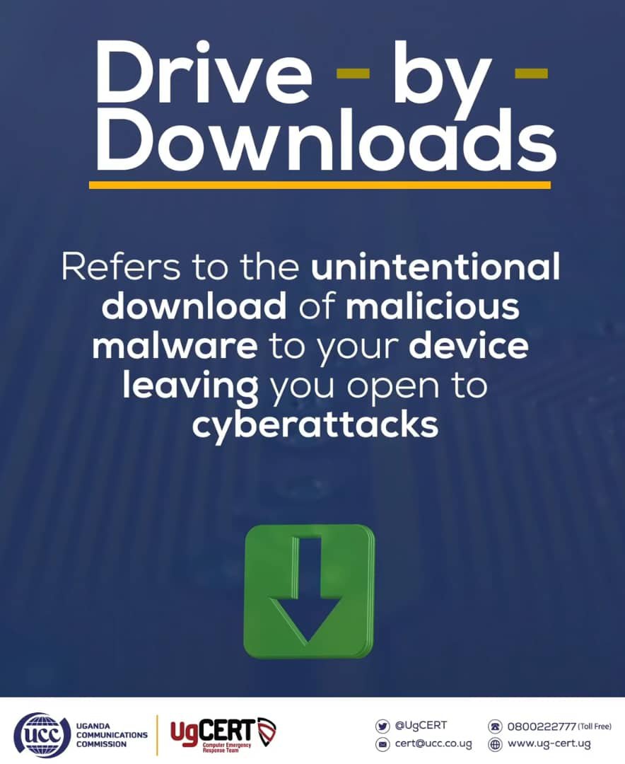 ShakirahNalugo's tweet photo. CYBER THREAT ALERT: 

Drive-by Downloads! Malware can sneak onto your device without you clicking anything, leaving you open to cyberattacks. 

Stay protected: keep your browser &amp; antivirus updated. #StaySafe #CyberSecurity #GoldenPosts @UgCERT @UCC_Official https://t.co/3vBmtup5Bl