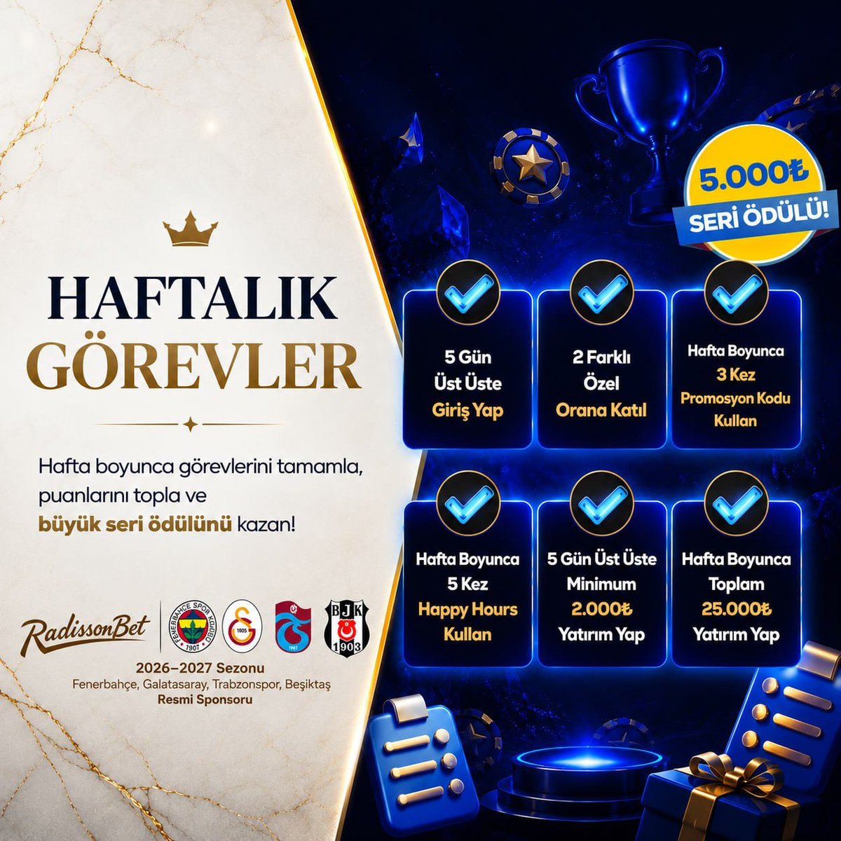 xlRadissonl's tweet photo. 🟡Hafta boyunca görevlerini tamamla, puanlarını topla ve 5000TL seri ödülünün sahibi ol!

✅5 Gün Üst Üste Giriş Yap
✅2 Farklı Özel Orana Katıl
✅Hafta Boyunca 3 Kez Promo Kod Kullan
✅5 Kez Happy Hours Kullan
✅Üst Üste Min. 2.000₺ Yatırım Yap
✅Toplam 25.000₺ Yatırım Yap https://t.co/gYxp2BXHUO