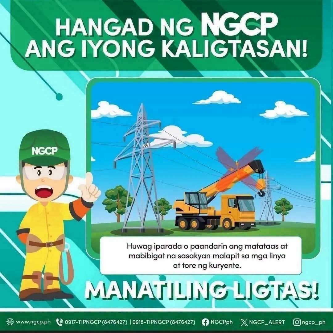 NGCP_ALERT's tweet photo. 𝐌𝐀𝐍𝐀𝐓𝐈𝐋𝐈𝐍𝐆 𝐋𝐈𝐆𝐓𝐀𝐒 ⚠️

Huwag magparada o magpatakbo ng matataas at malalaking sasakyan malapit sa linya at tore ng kuryente.

Ang pagpaparada o pagmamaneho ng malalaki at matataas na sasakyan malapit sa linya at tore ng kuryente ay maaaring magdulot ng aksidente, pagkamatay at pagkaantala sa daloy ng kuryente sa mga transmission lines at magdulot ng power interruptions.

Kung aksidente namang bumangga ang minamanehong sasakyan sa tore o poste ng kuryente at walang pagkakataon na lumayo mula rito, ipagbigay alam agad sa kinauukulan upang mabigyan ng karampatang tulong o safety assistance.

Maaaring mag-text sa 0917-TIPNGCP (8476427) o 0918-TIPNGCP (8476427).
Hangad namin ang inyong kaligtasan at kapakanan.

#NGCPSafety
#ngcp
