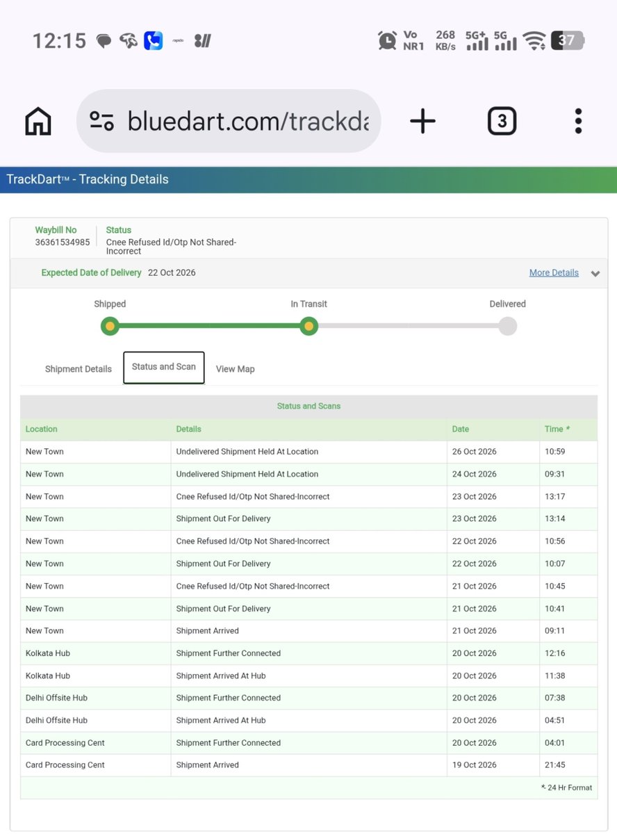 _Pran04's tweet photo. @BlueDartCares 7 days no delivery attempt.
@jagograhakjago https://t.co/4yUuEcwPBH