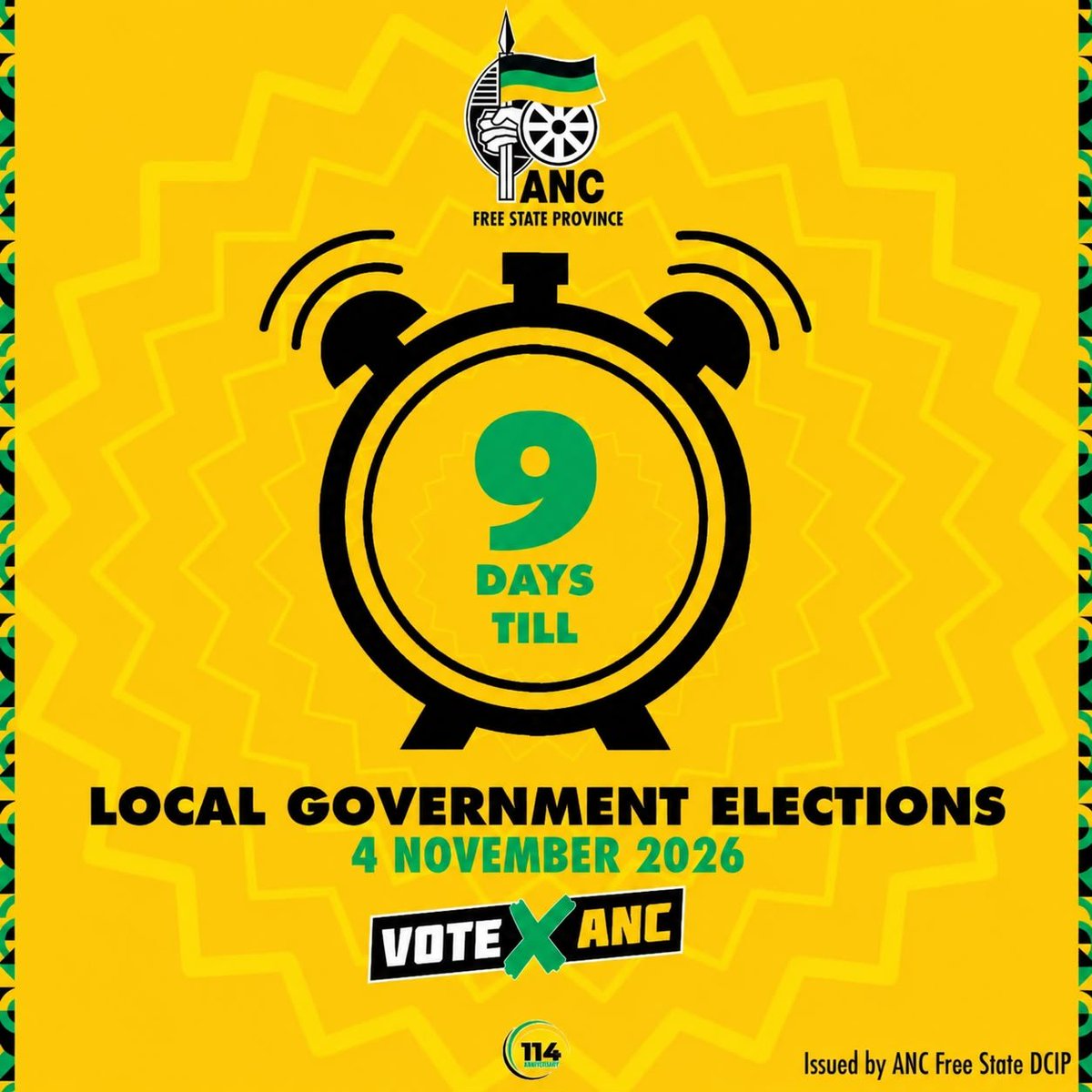ANCFS's tweet photo. 9 days to the 2026 Local Government Elections

The ANC continues to take its message directly to the people and working for better communities across the Free State.
Let's continue building better communities together,  Vote ANC on 4 November 2026.
#VoteANC2026 https://t.co/0qQ4mKxfBc