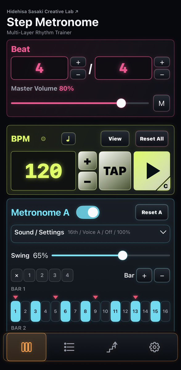 hidehisa_ssk's tweet photo. 右下Settingsから色替えできます♪好みや気分でどうぞ。

#StepMetronome https://t.co/PLK5IOz9Mx