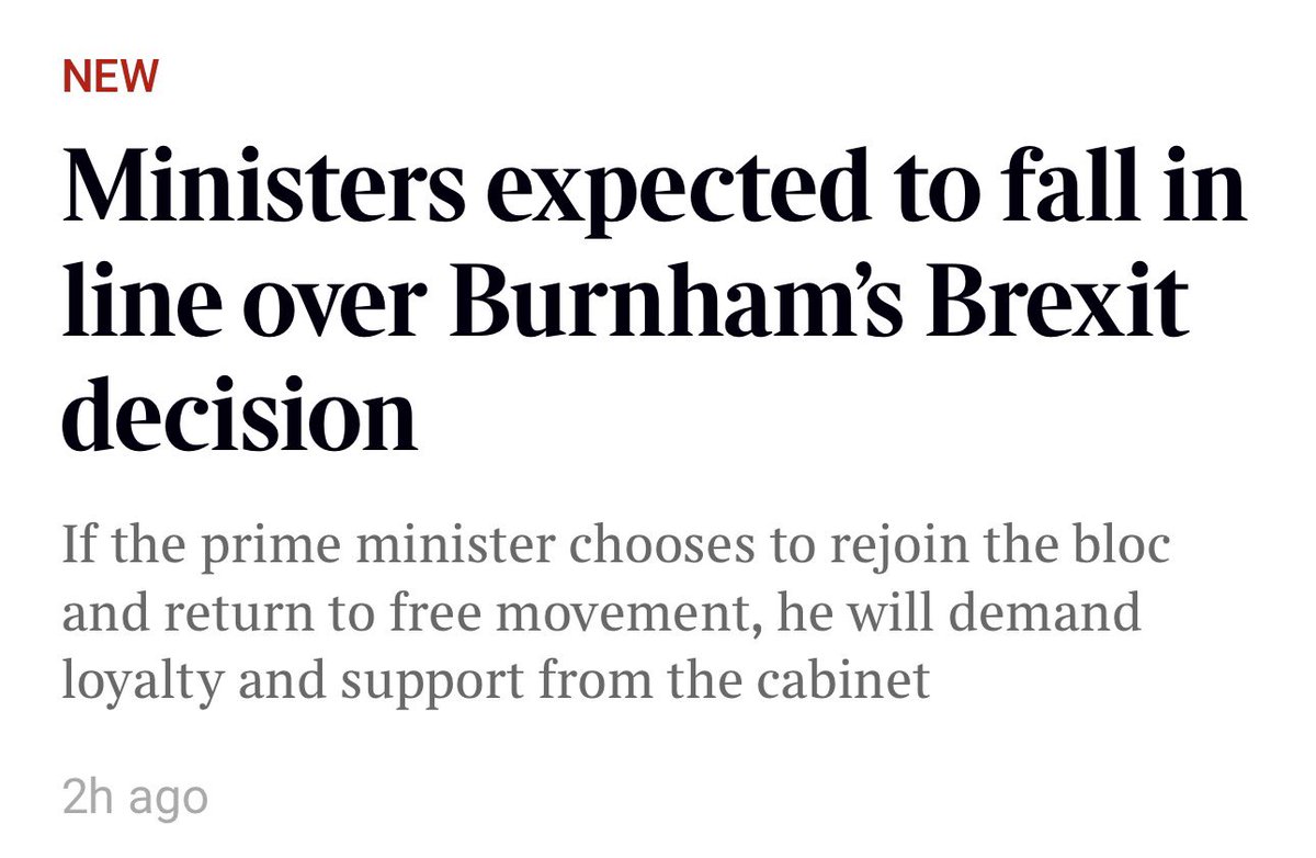 LizWebsterSBF's tweet photo. 🔴 “Ministers must remain loyal to PM on Brexit or leave the cabinet.”

That tells us Westminster now expects a decision serious enough to trigger collective responsibility.

The Times reports that @AndyBurnham is expected to require cabinet ministers to support whatever closer-EU position he ultimately adopts.

Angela Rayner says nothing should be off the table and expects the eventual policy to be put to voters, while ministers themselves remain divided over how far Britain should move back towards Europe. (The Times)

That makes 20 November increasingly consequential.

The UK-EU summit in Brussels is now the point around which Burnham has promised to set out the options for Britain’s long-term relationship with Europe. 

What emerges could be:

a menu of options for national debate;
a preferred Government destination;
or an explicit commitment to remove Labour’s inherited Brexit red lines.