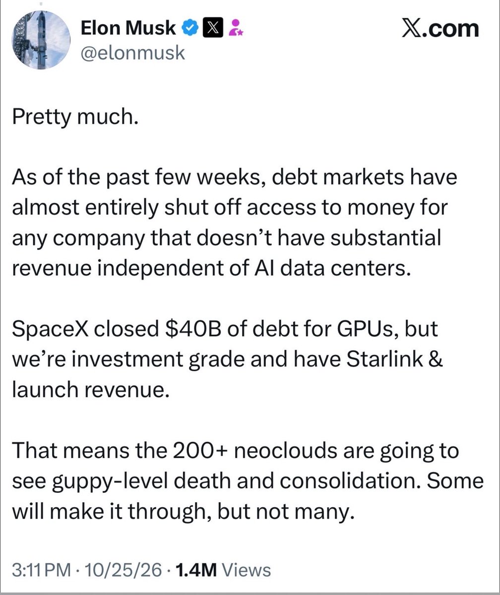 TheMotiveFile's tweet photo. Elon Musk’s warning about AI debt markets got me thinking about something that has nothing to do with AI.

Looking wealthy and being financially secure are two very different things.

A company can own billions of dollars in GPUs and still be in trouble when lenders stop lending.

And someone can have a big house, a nice car, and a $200K salary while being just a few missed paychecks away from serious trouble.

That’s why cash flow matters more than appearances.

Easy money doesn’t last forever. A booming industry doesn’t mean every company in it will survive. And having cash sitting in the bank isn’t necessarily a missed investment opportunity.

Sometimes, that cash is what gives you choices.

You can walk away from a bad job. You don’t have to sell your investments during a market crash. You don’t have to take on expensive debt just to get through the month.

And when everyone else is desperate for money, you might actually be in a position to take advantage of opportunities.

I’ve come to think of financial freedom a little differently.

It’s not about how rich you look when everything is going well.

It’s about how many choices you still have when things go wrong.