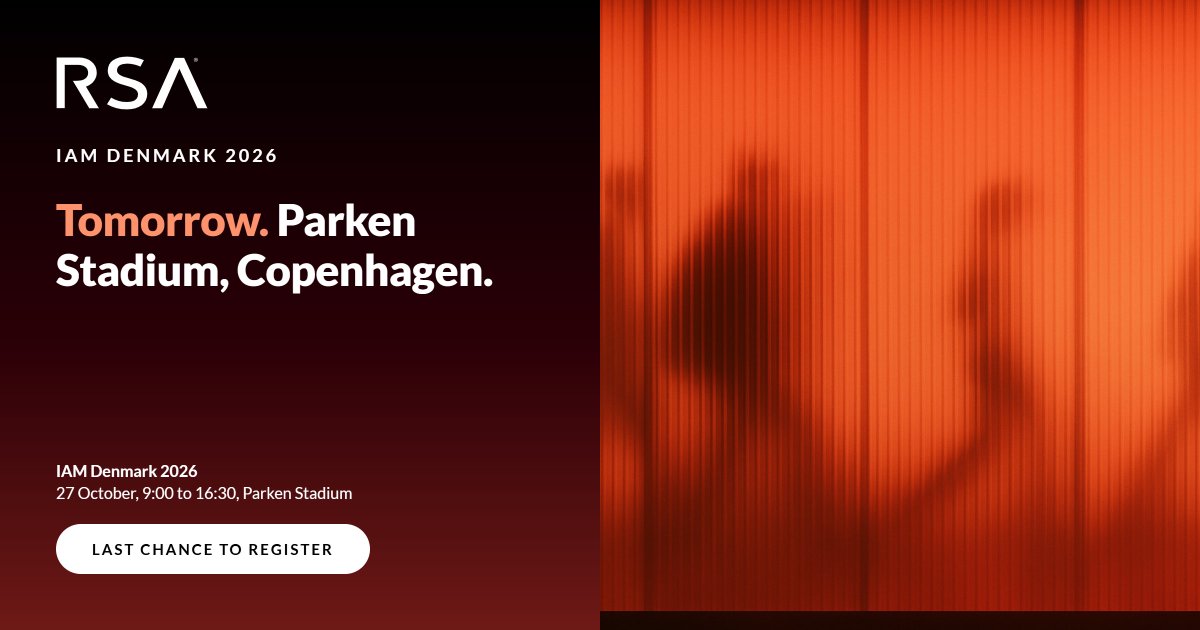 RSAsecurity's tweet photo. Tomorrow: Parken Stadium, #Copenhagen.
Join RSA at #IAMDenmark to explore trust in a hybrid, AI-driven world. See Agent ID—high-assurance identity for AI agents.
Last chance to register ⬇️
https://t.co/YVfidUAwXh
Relation Code: 2K9WLBSL
#AgenticAI #IAM https://t.co/Pooq5qqAQj