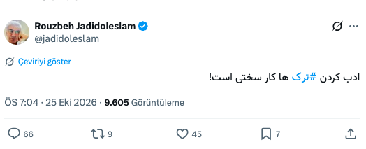 umudevren's tweet photo. ادب کردن در فارسی عموما به دو معنا است.یاد یادن ادب و تنبیه کردن و سرجای خود نشاند است. در هر مورد هم  فارس و فارس‌نمای که ادعای یاد دادن ادب به دیگران را باید اول خودش ادب شود یعنی خودش هزاران برابر بیشتراز تورک و یا ملل دیگر  احتیاج به ادب شدن دارد. https://t.co/pdj47S9xbL
