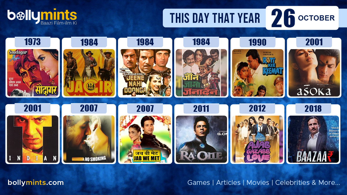 BollyMints's tweet photo. Here are the few #BollywoodMovies released on this day. Stay tuned at https://t.co/Xdw0xdm14f for more #updates #ThisDayThatYear #26October #Saudagar #Jagir #JeeneNahiDoonga #JohnJaniJanardhan #RotiKeeKeemat #Asoka #Indian #NoSmoking #JabWeMet #RaOne #AjabGazabbLove #Baazaar https://t.co/jfpBf5fniW