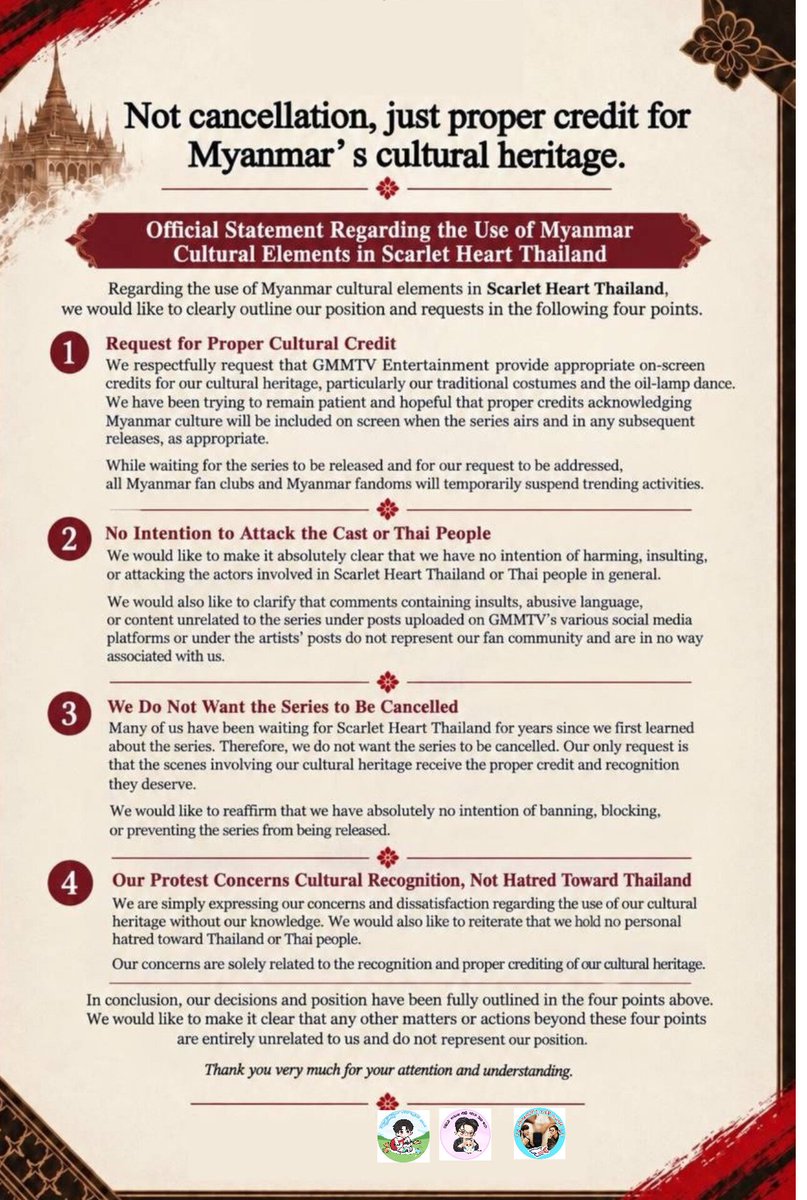 williamjkp_MMFC's tweet photo. 📌 We are officially pausing our trend campaign. Our focus remains strictly on our 4 Core Demands.

 🚫 Anyone provoking racial conflict or hatred is NOT associated with our fan community and we do NOT support them.

@GMMTV @ScarletHeartTH @Giggoo_
#GMMTV #ScarletHeartTH https://t.co/tckmtaTFFv