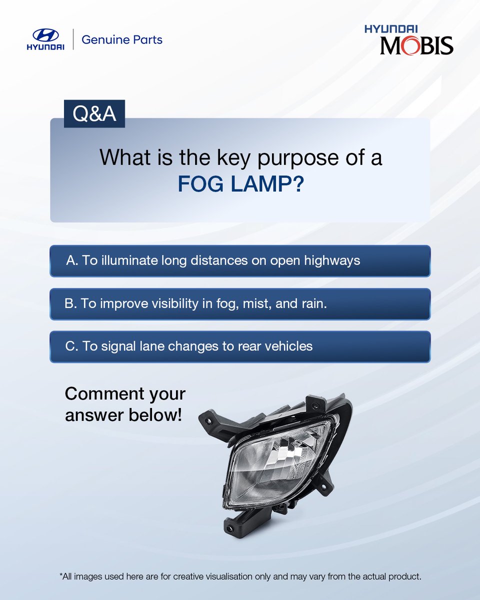 HyundaiMobisIN's tweet photo. Navigating tricky weather starts with clear, low-beam visibility! Do you know how your fog lamps protect your drive? Drop your answer in the comments below!
#HyundaiMobis #GenuineFogLamp #GenuinePartsGenuineCare #CarCareMadeSimple #Quiz https://t.co/EgTlXGk0tY
