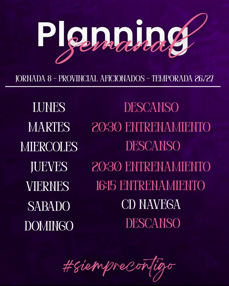 CDPearanda's tweet photo. 💜 Agenda semanal | Jornada 8

⚽ Martes y jueves: 20:30 h · Entrenamiento
⚽ Viernes: 16:15 h · Entrenamiento
🏟️ Sábado: CD Navega

💪 ¡Seguimos trabajando!
#CDPeñaranda #SiempreContigo https://t.co/BE5705bwTU