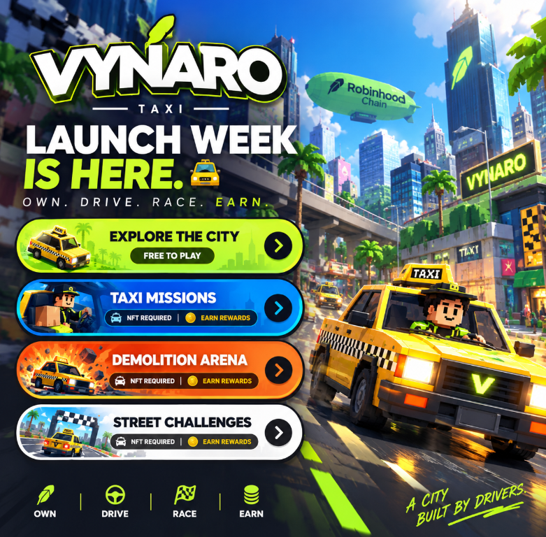 itsvynaro's tweet photo. Launch week is here. 🚕

VYNARO is built, tested with our community, and ready to roll on Robinhood Chain.

To everyone who supported us, believed early, and pushed us forward: thank you. This city is yours too.

A city grows with its drivers, and VYNARO will succeed because of the people behind it. Tell your friends and bring them along for the ride.

Let's build the onchain taxi economy together.

Own. Drive. Race. Earn.

⚠️ The official CA and website will only be shared here by @itsvynaro. Ignore anything else.