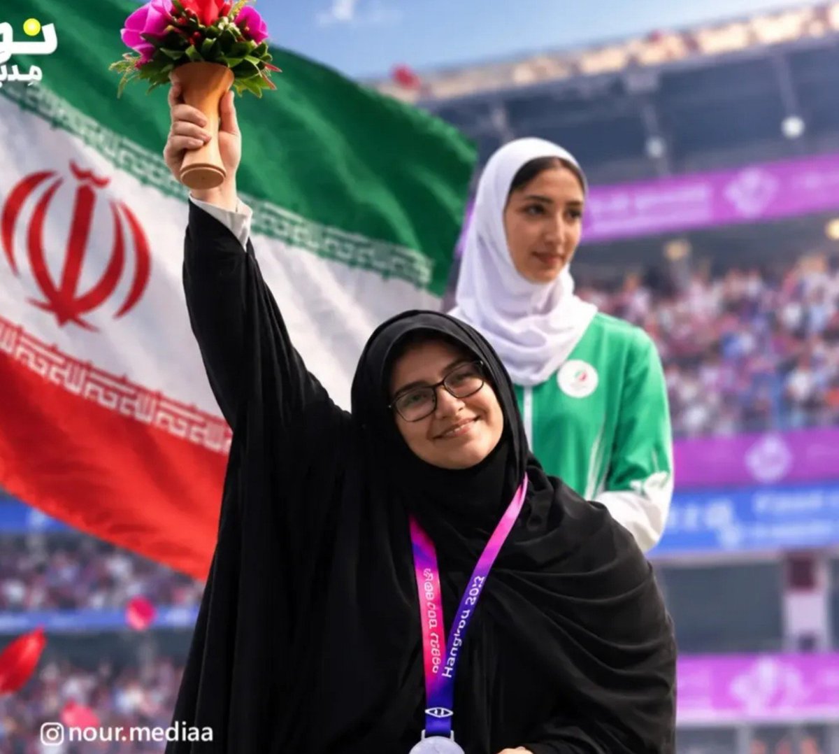 NwyanN18065's tweet photo. دختران امام خامنه ای حماسه آفریدند
آتنا حیدری چادر بر سر، مدال نقره برگردن. https://t.co/temfu8fION