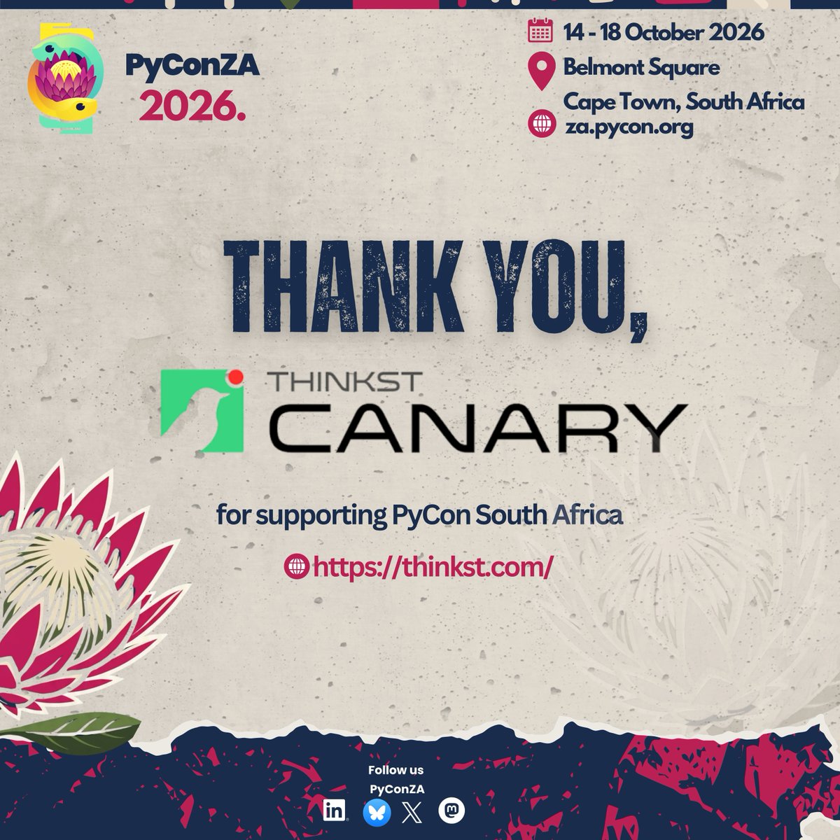 pyconza's tweet photo. A big thank you to Thinkst Canary for sponsoring PyConZA 2026. Your support helped make the conference a success, and we truly appreciate your contribution to the Python community. https://t.co/uqLWYpjbjz