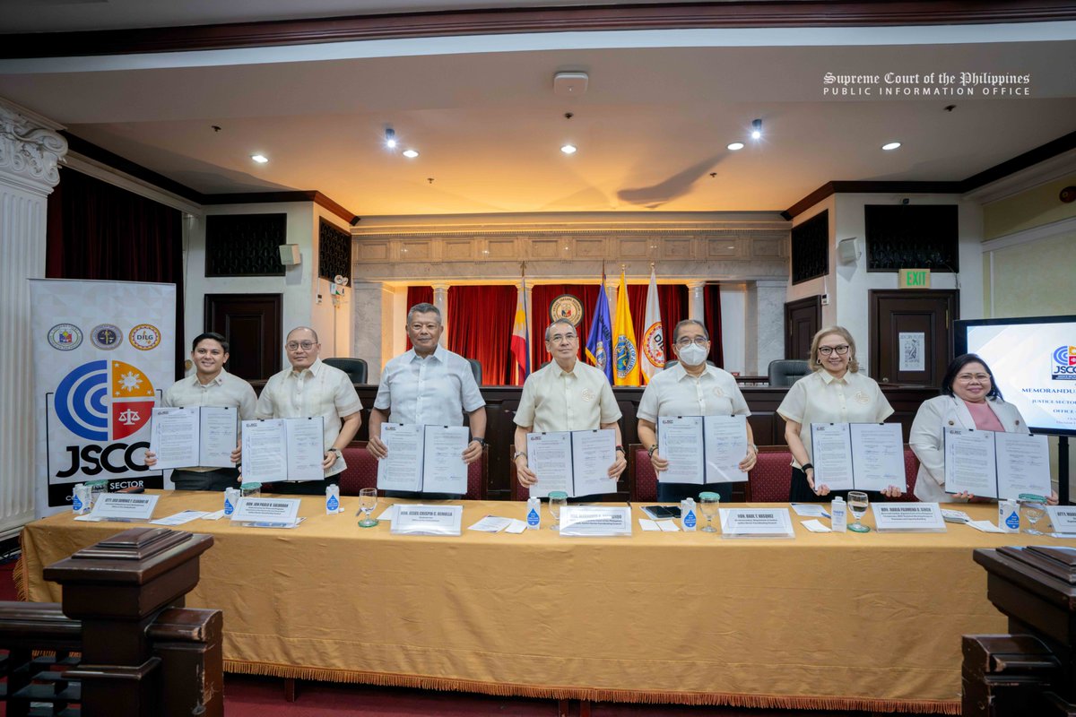 SCPh_PIO's tweet photo. The Justice Sector Coordinating Council (JSCC) and the Office of the Ombudsman signed a Memorandum of Understanding (MOU) aimed at strengthening institutional coordination within the Philippine justice sector and advancing a more integrated, policy-driven response to corruption, on October 26, 2026, at the SC compound in Manila.

The JSCC is composed of the #SupremeCourtPH (SC), the Department of Justice (DOJ), and the Department of the Interior and Local Government (DILG).

Under the partnership, the JSCC and the Office of the Ombudsman will create a system for consultation and coordination on matters of common concern involving justice sector reform and develop protocols for the secure and lawful sharing of relevant information and data. They will also hold consultations, policy dialogues, and technical discussions, and conduct joint capacity-building activities and training programs.

The signing ceremony was led by Chief Justice Alexander G. Gesmundo, DOJ Senior Undersecretary Raul T. Vasquez, DILG Undersecretary Jon Paulo V. Salvahan, and Ombudsman Jesus Crispin C. Remulla. SC Associate Justice Maria Filomena D. Singh and Assistant Ombudsman and Ombudsman Spokesperson Atty. Jose Dominic F. Clavano IV signed as witnesses, while SC Clerk of Court En Banc Atty. Marife M. Lomibao-Cuevas notarized the MOU.

They were joined by Senior Associate Justice Marvic M.V.F. Leonen and SC Associate Justices Ricardo R. Rosario, Jhosep Y. Lopez, Jose Midas P. Marquez, and Raul B. Villanueva.

Chief Justice Gesmundo described the MOU as ground-breaking, as the JSCC now enters a new phase that brings the fight against corruption more deliberately into its efforts to strengthen the criminal justice system.

Justice Singh, Chairperson of the JSCC Technical Working Group on Processes and Capacity Building, reflected on the achievements of the JSCC since 2010. She said the MOU with the Ombudsman will help make the JSCC’s work even more comprehensive and decisive.

Ombudsman Remulla said the partnership with the JSCC would help improve initiatives to prevent, address bottlenecks in corruption-related cases, strengthen secure information-sharing and digital systems, and build institutional capabilities to address increasingly complex forms of corruption.