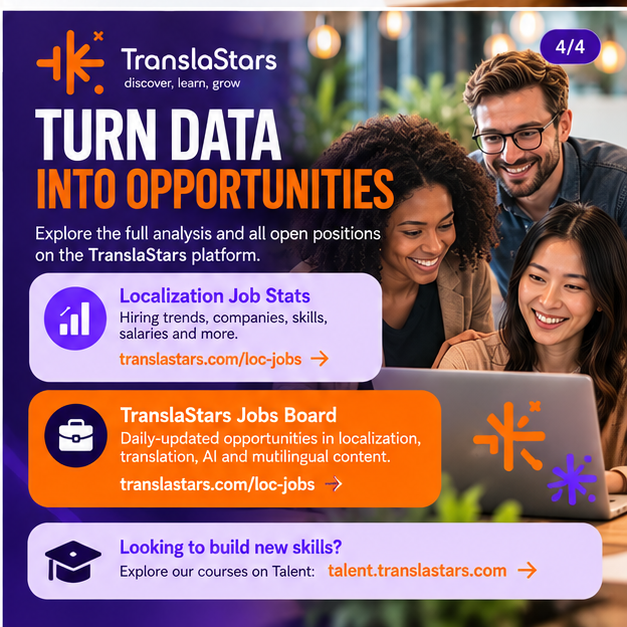 TranslaStars's tweet photo. 🚨 𝗟𝗢𝗖𝗔𝗟𝗜𝗭𝗔𝗧𝗜𝗢𝗡 𝗝𝗢𝗕𝗦: 𝗡𝗘𝗪 𝗗𝗔𝗧𝗔!

📊 285 openings analysed
🌍 31% translators
🌏 51 Asian language mentions
🏠 21% remote
🤖 AI roles: 3 to 23

💼 Jobs &amp; stats:
https://t.co/WibSUfp6M2

👥 Free Talent Pool:
https://t.co/o8X9G0m8Y9

#TranslaStars #Localizatio https://t.co/gFSugamtYs