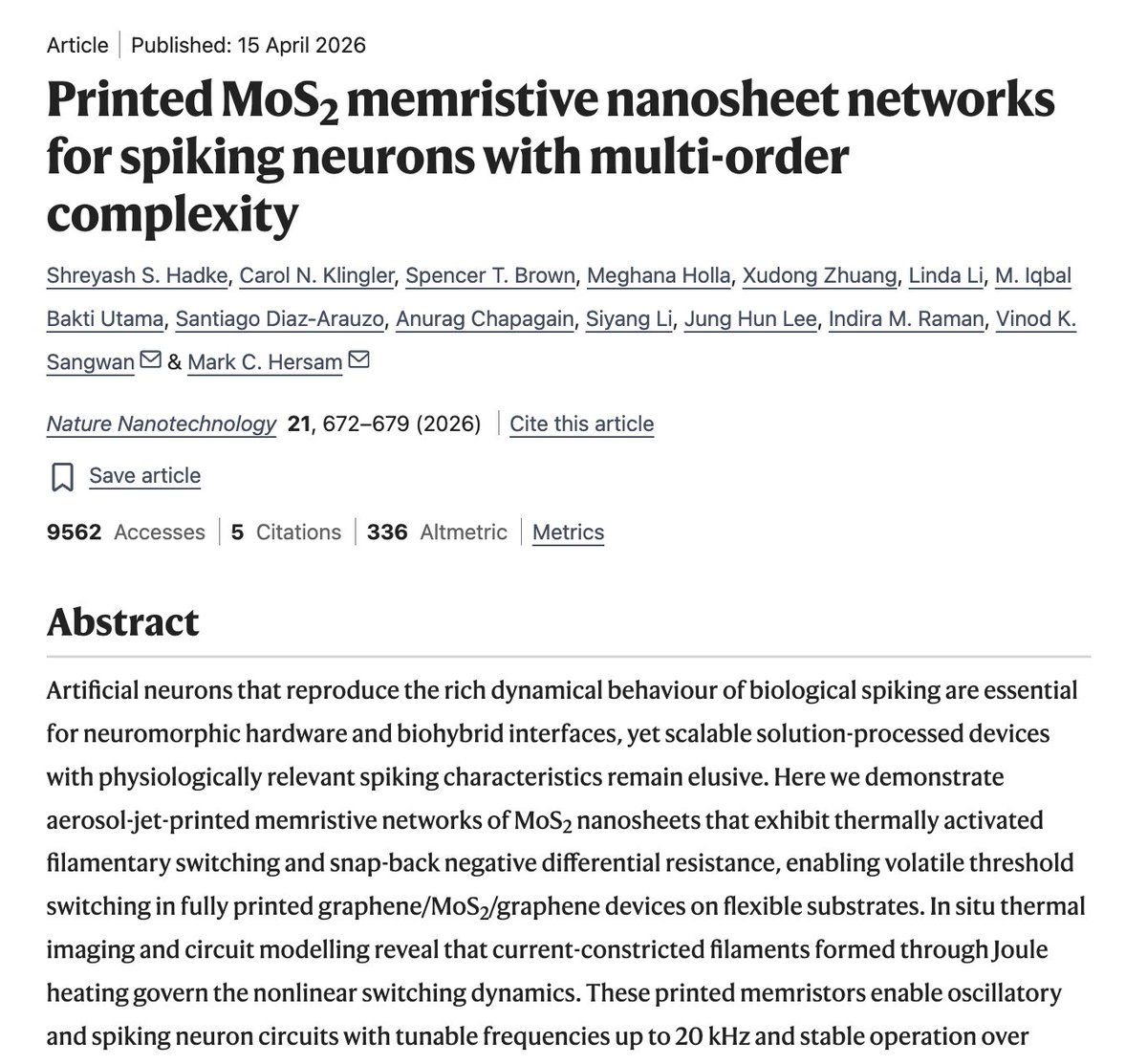 HowToPrompt__'s tweet photo. Scientists 3D-printed artificial neurons and plugged them into a mouse brain.

And real neurons responded like they were talking to each other.

Researchers at Northwestern University just published a paper in Nature Nanotechnology that sounds like pure science fiction.

For years, we’ve been trying to make AI mimic human brain cells in software.

These researchers did it in hardware.

Using MoS2 memristive nanosheets, they printed synthetic spiking neurons. These artificial cells process information with the same multi-order complexity as the ones inside your head.

Then, they ran the ultimate test.

They placed these synthetic neurons next to living, biological brain cells.

And they communicated.

The printed artificial neurons successfully sent signals back and forth with the living tissue. The biological cells couldn't tell the difference.

This changes everything we know about brain-computer interfaces.

Right now, technology like Neuralink relies on rigid electrodes to read brain signals.

This paper proves we don't need metal probes. We can print synthetic neurons on demand and seamlessly integrate them into the nervous system.

The applications are massive: Rebuilding damaged spinal cords. Curing neurodegenerative diseases. Direct cognitive upgrades.

But the implication is terrifyingly simple.