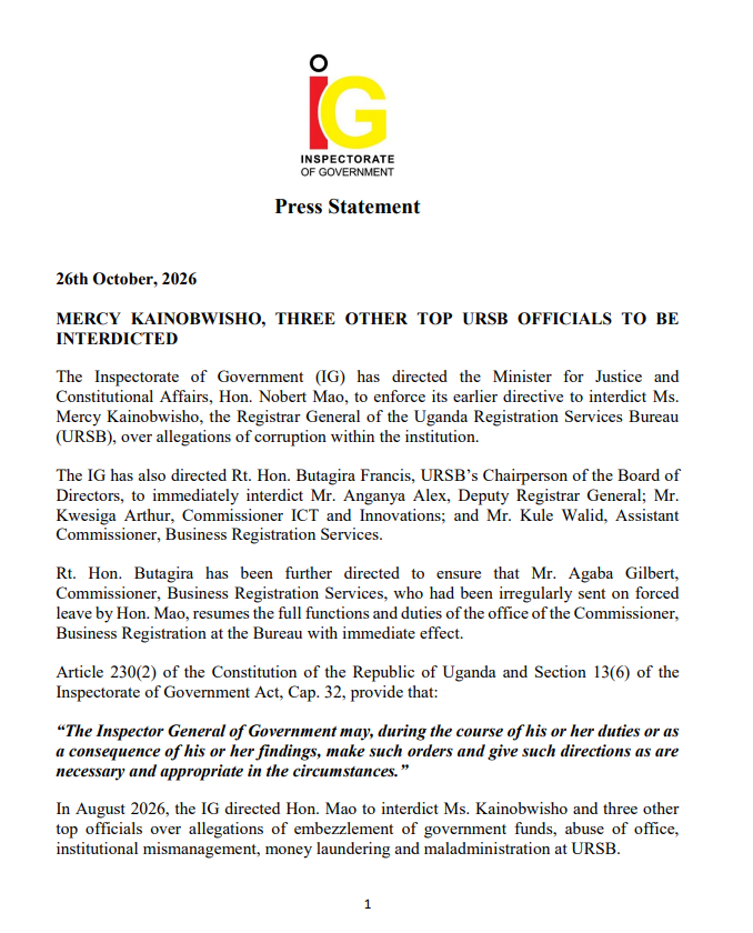 IGGUganda's tweet photo. @IGGUganda has directed the Minister for Justice and Constitutional Affairs, Hon.@norbertmao, to enforce its earlier directive to interdict @Mercykains, the Registrar General of @URSBHQ, over allegations of corruption within the institution.
@newvisionwire @DailyMonitor @nilepostnews @ntvuganda @NBSBreakingNews @ubctvuganda @933kfm @cbsfm_ug @RadioOneFM90 @tvwestUG @simbaradio @RadioPacisnews @MegafmGulu @observerug @bbstvug @voice_of_teso