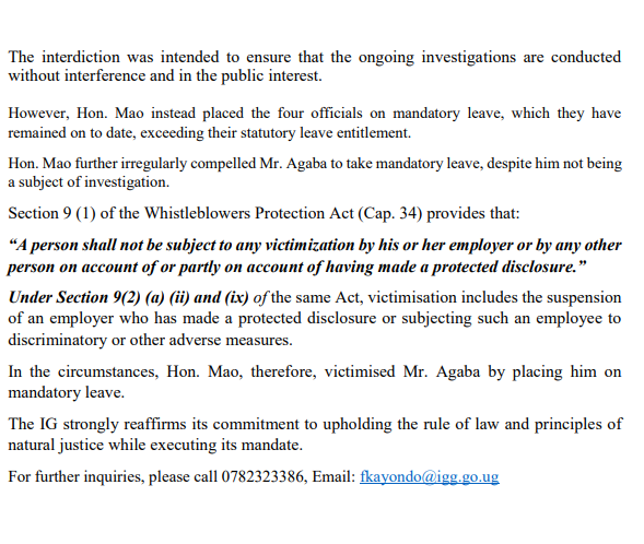 IGGUganda's tweet photo. @IGGUganda has directed the Minister for Justice and Constitutional Affairs, Hon.@norbertmao, to enforce its earlier directive to interdict @Mercykains, the Registrar General of @URSBHQ, over allegations of corruption within the institution.
@newvisionwire @DailyMonitor @nilepostnews @ntvuganda @NBSBreakingNews @ubctvuganda @933kfm @cbsfm_ug @RadioOneFM90 @tvwestUG @simbaradio @RadioPacisnews @MegafmGulu @observerug @bbstvug @voice_of_teso