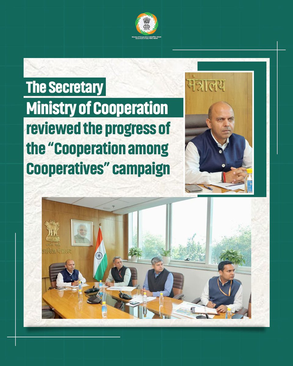MinOfCooperatn's tweet photo. Dr. @ASHISHBHUTANI14, Secretary, Ministry of Cooperation, chaired a review meeting on 26 October 2026 to assess the implementation and progress of the “Cooperation among Cooperatives” campaign in Uttar Pradesh, Odisha, Rajasthan and Madhya Pradesh.

The meeting reviewed progress in expanding banking services through cooperative banks by onboarding eligible cooperative societies as Bank Mitras, facilitating doorstep banking through Micro-ATMs, opening new cooperative bank accounts, issuing RuPay Kisan Credit Cards (KCCs) and promoting financial inclusion.

Dr. Bhutani emphasised the need for States to understand the underlying spirit of the campaign and intensify its implementation. He highlighted the comprehensive ecosystem developed to strengthen the cooperative sector and called for enhanced coordination among stakeholders, focused efforts and regular monitoring to accelerate progress and ensure effective implementation of the campaign.

The meeting was attended by Shri Pankaj Kumar Bansal, Additional Secretary; Shri Raman Kumar, Joint Secretary; Shri Kumar Ram Krishna, Director; other senior officials of the Ministry of Cooperation; representatives of the Cooperative Departments of the Governments of Uttar Pradesh, Rajasthan, Madhya Pradesh and Odisha; and other key stakeholders from the cooperative sector.

#SahkarSeSamriddhi #EmpoweringCooperatives