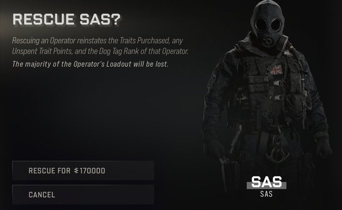 CODWarfareForum's tweet photo. The cost of buying back your operator and the loosing everything is beyond a joke, you have to pay so far up to $170,000 and also loose all your stuff!

This needs balancing better, just loosing the stuff and having may be a cool down period for the operator, like the blueprints in the beta, may have been a better idea.

@CallofDutyCM @InfinityWard @gawdgriggs
