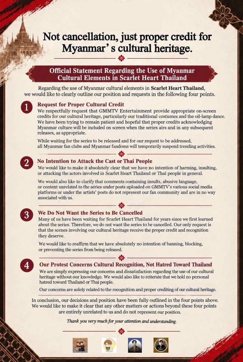 teezmyanmar's tweet photo. We are not calling for the series to be cancelled. We simply want Myanmar’s cultural heritage to be properly acknowledged, respected, and credited.

🚫 We do not condone racial hatred or attempts to incite conflict. Anyone engaging in such behavior does not represent our fan community, and we do not support them.

Please Read Carefully our statement.

@GMMTV @ScarletHeartTH @Giggoo_
#GMMTV #ScarletHeartTH