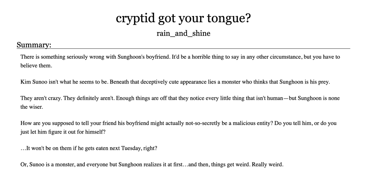 eeecch's tweet photo. normally wouldn't come on here before class but neeeed to rec this sunsun fic i read this morning where sunoo is a cryptid/monster it's just so delicious 
https://t.co/EgCBDtIQus https://t.co/JtHYr4cBIz