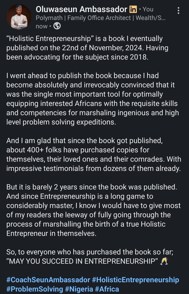 Seun_Ambassador's tweet photo. To get a copy, send us a message ๐๐ฟ
https://t.co/NAcET0Prh5
#CoachSeunAmbassador #HolisticEntrepreneurship #ProblemSolving #Nigeria #Africa https://t.co/gkG2y3wNPZ