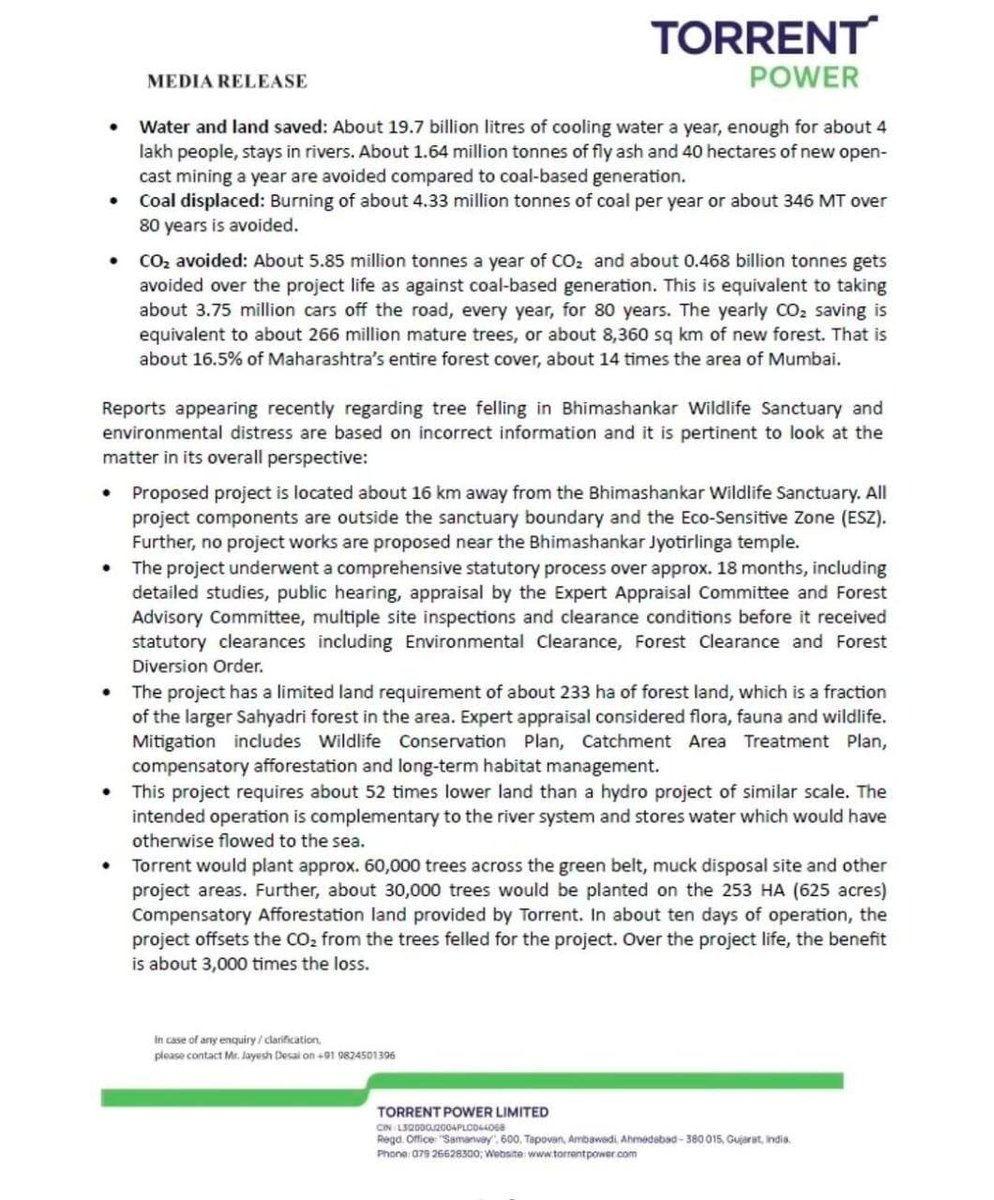 Starboy2079's tweet photo. Seems like opposition ecosystem is at war against Adani group and their tool is fake news

Now their new fake news is related to tree-felling for the 3,000 MW Saidongar–Karjat pumped storage project near Bhimashankar in Raigad, Maharashtra
It has drawn local protests, and opposition is linking it to Adani Group

Why that link is false:

1️⃣ The developer is Torrent Power, per official records and its own media release.
2️⃣ Adani has said it has no project in or near Bhimashankar.
3️⃣ The site is ~16 km from Bhimashankar Sanctuary, outside its Eco-Sensitive Zone. No work is planned near the temple.
4️⃣ The project went through ~18 months of statutory approvals.
5️⃣ It covers 233 ha of forest land. Torrent plans 90,000 trees plus 253 ha of compensatory afforestation (these are company commitments, not yet verified).

If the concern is the environment, question the actual developer, its permissions and its compliance. Naming an unrelated company proves nothing. Those who spread the claim should correct it.