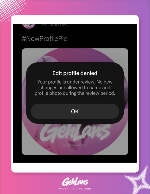 GehLansOFC's tweet photo. ✦ GEHLANS OFFICIAL UPDATE: ACCOUNT REVIEW STATUS ✦
Two Stars, One Orbit. 🌙✨

Hello, Gehlans! ♡

We would like to clarify that our official X account is still undergoing review, which is why our account icon remains faceless for the time being. We are currently waiting for the review process to be completed and approved.

Please rest assured that the faceless icon is temporary. Once the review is approved and we are able to restore our account icon, we look forward to bringing you your daily dose of GEHLANS moments once again! 🫶🏻✨

While we wait for further updates, we encourage everyone to continue following our official account and join our GDM to stay informed about the latest announcements and updates. Your patience and continued support mean so much to us! 🌷

Thank you for your understanding and patience throughout this process. We will keep you updated as soon as there is further news regarding the account review. In the meantime, let’s continue spreading love and support for our two stars! 💗

Two stars, one orbit. Always, GEHLANS! 🌙✨

With Love,
GehLans Official