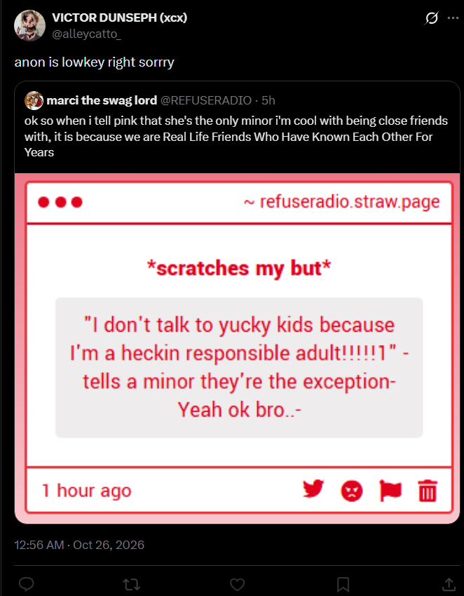 REFUSERADIO's tweet photo. i was just gonna give you a snarky reply and move on with my life but if you're gonna imply i'm a predator for being friends with a 17 year old when i'm 19 and block me then i am putting you on blast https://t.co/gm03l3HGFL