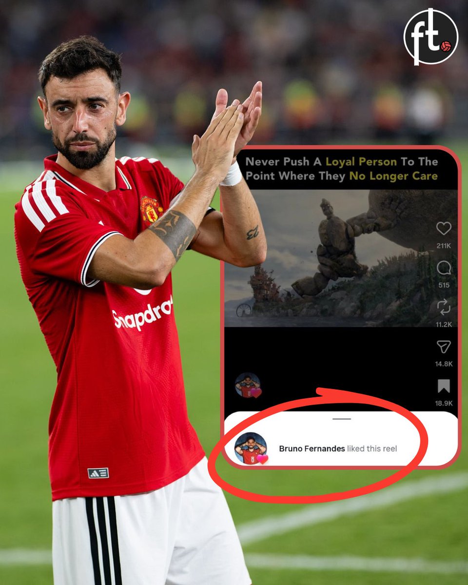 Footballtweet's tweet photo. Bruno Fernandes is 32-years-old and he's the captain of Manchester United.

He's gone on to Instagram and liked a reel that says: 

📲 "Never Push A Loyal Person To The Point Where They No Longer Care."

Is this what a leader looks like in 2026? Have some shame, you absolute embarrassment. 😂