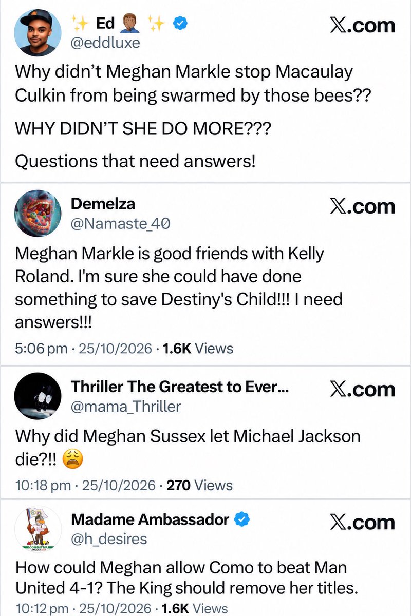 ZandiSussex's tweet photo. Meghan’s apparently responsible for everything, so naturally people want answers! Why didn’t she save the dinosaurs, stop the Titanic sinking, or keep Destiny’s Child together? 😭

These tweets mocking the absurd expectations the haters and trolls place on her are absolute gold. 😂👏🏽