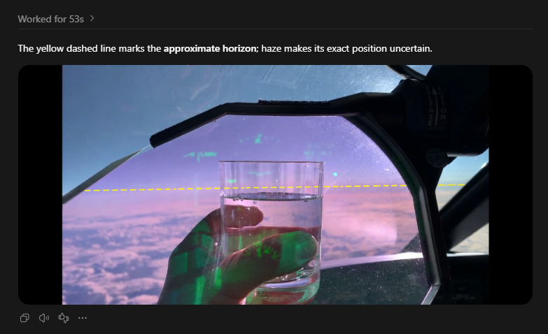 maximum_nice's tweet photo. @Wolverine0744 @benwehrman He's claiming the water is at the horizon and thus, the horizon has dropped at altitude, proving a globe. 

If you draw the horizon (or get GPT to draw it for you as here) you can see the glass is not at the horizon.  If he held up to the horizon, the water would be level. https://t.co/cwZC4d4vyC