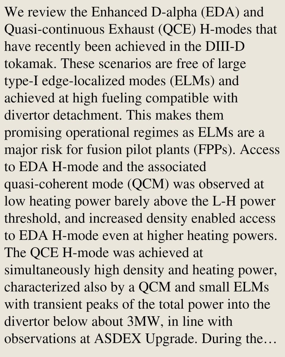 VPHM's tweet photo. Overview of Enhanced D-alpha and Quasi Continuous Exhaust H-modes at DIII-D

N. Leuthold, Z. Li, M. Faitsch, A. Hyatt, C. F. B. Zimmermann, L. Gil, T. Osborne, T. Odstrcil, N. C. Logan, K. Barada, C. Chrystal, R. Gerru, …
https://t.co/JA7Je617Ib [𝚙𝚑𝚢𝚜𝚒𝚌𝚜.𝚙𝚕𝚊𝚜𝚖-𝚙𝚑] https://t.co/3nZD6LRILM