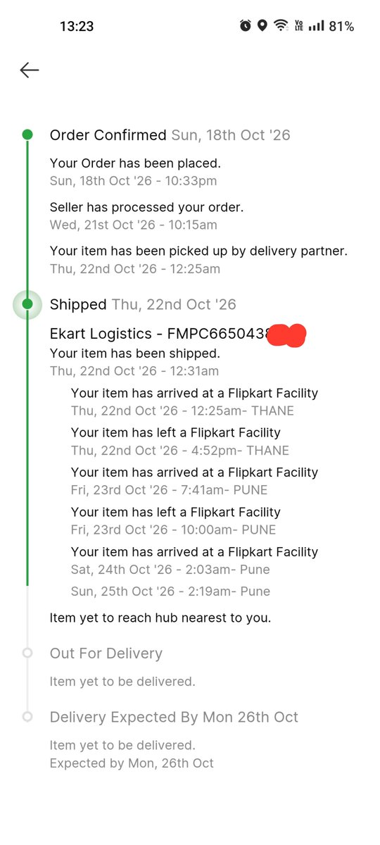 Prathamesh13014's tweet photo. @Flipkart @FlipkartSupport My ASICS shoes order is still not delivered. It has been stuck in Pune since Oct 24, and delivery is promised today. Why is it not reaching the nearest hub? Please resolve this delay urgently! #Flipkart https://t.co/aN7i1U2b2i