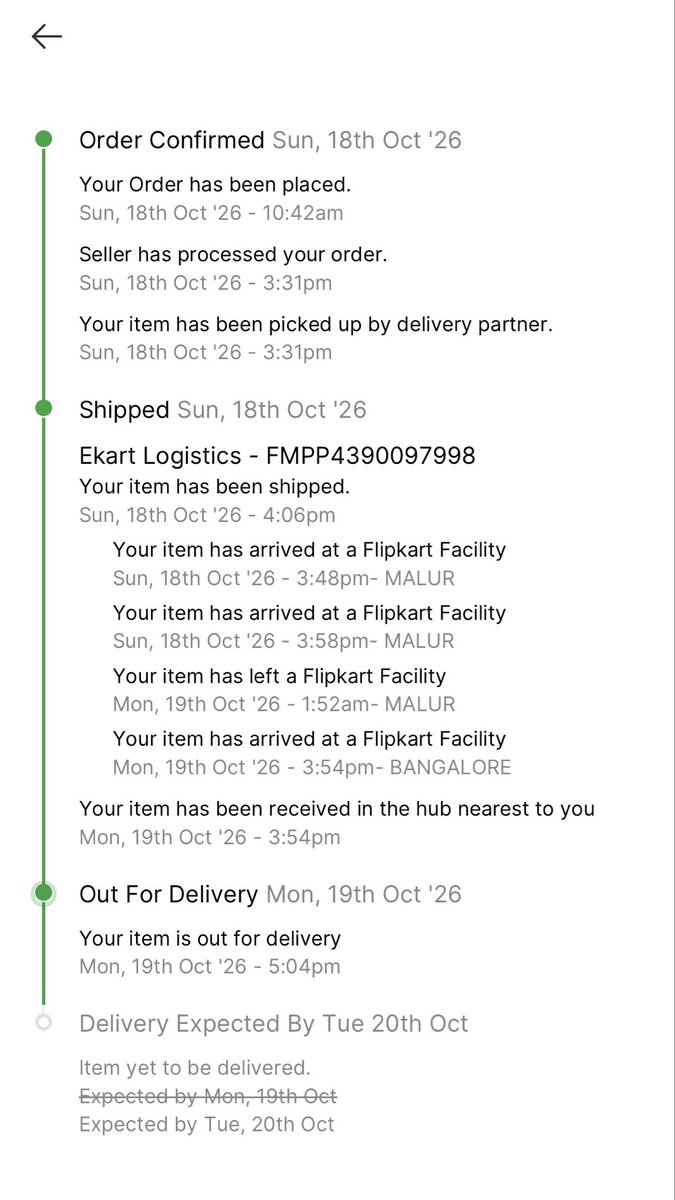 CardsDuniya's tweet photo. Hey @Flipkart, my order was expected by 20th October, but today is 26th October and I still haven’t received it! It went out for delivery on 19th October, yet the app keeps showing conflicting updates. It’s been 6 days past the promised date.
Please have a look
@flipkartsupport https://t.co/kl6RgsgFlR
