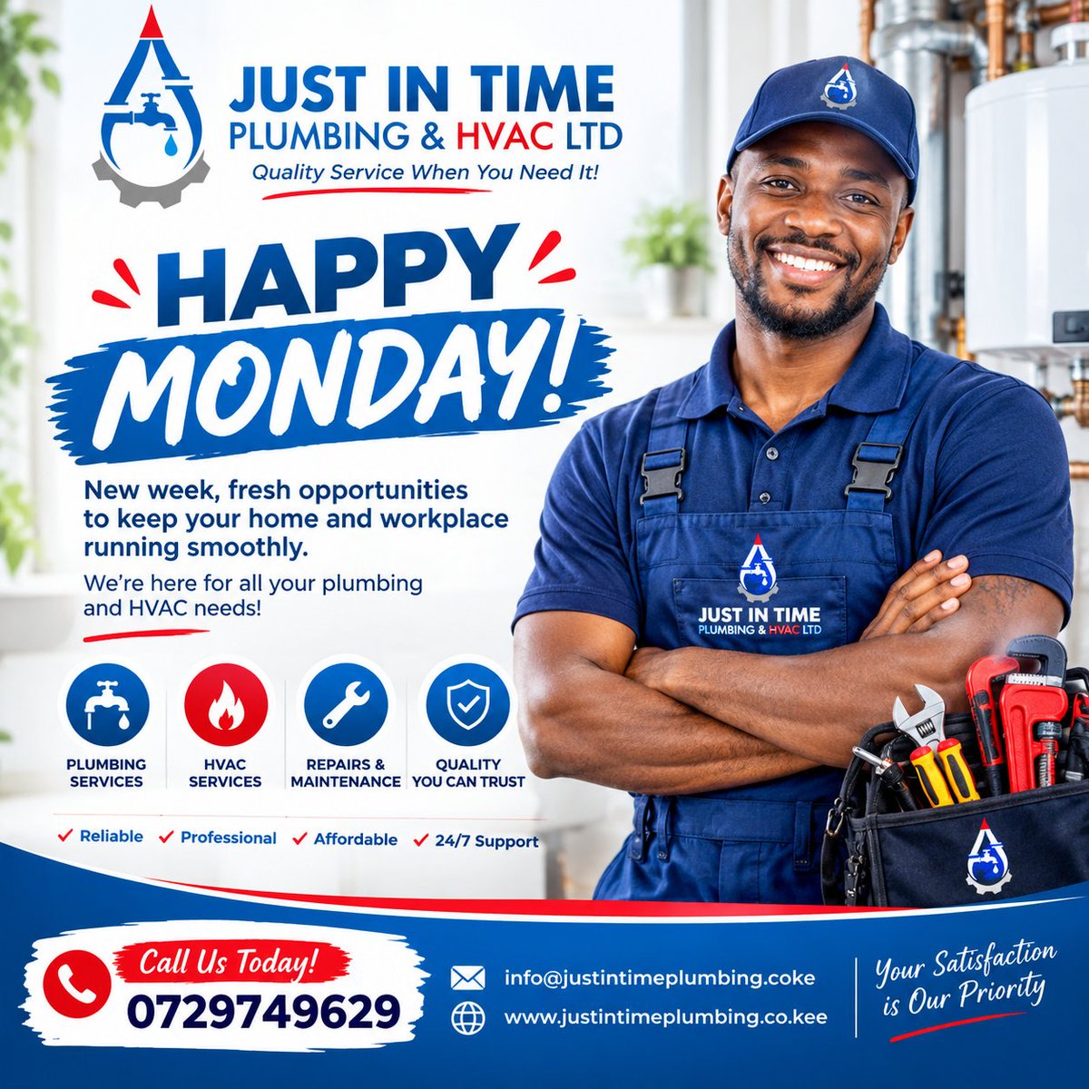 jitplumbers's tweet photo. Happy Monday from Just In Time Plumbing &amp; HVAC Ltd.!

Start the week right with reliable plumbing, HVAC installations, repairs &amp; maintenance. 

📞 Call us: 0729749629

Quality service when you need it!
 #Plumbing

Makau Mutua Carrick Flávio Bolsonaro Angola https://t.co/1NnxqXHb5B